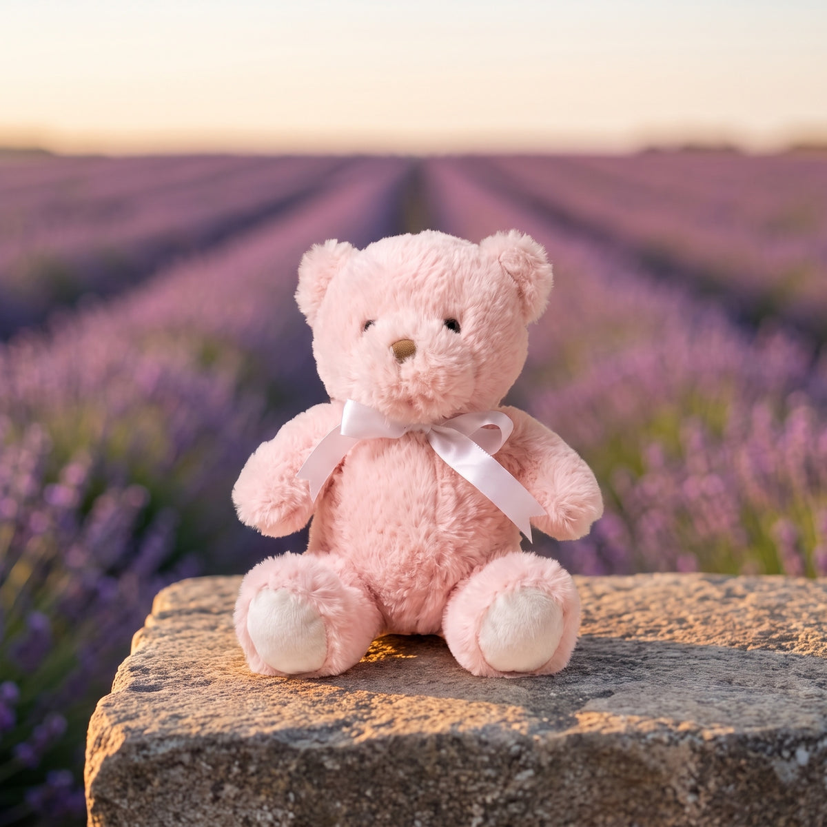 Charle Petit Ours pink, en situation, posé dans un décor naturel
