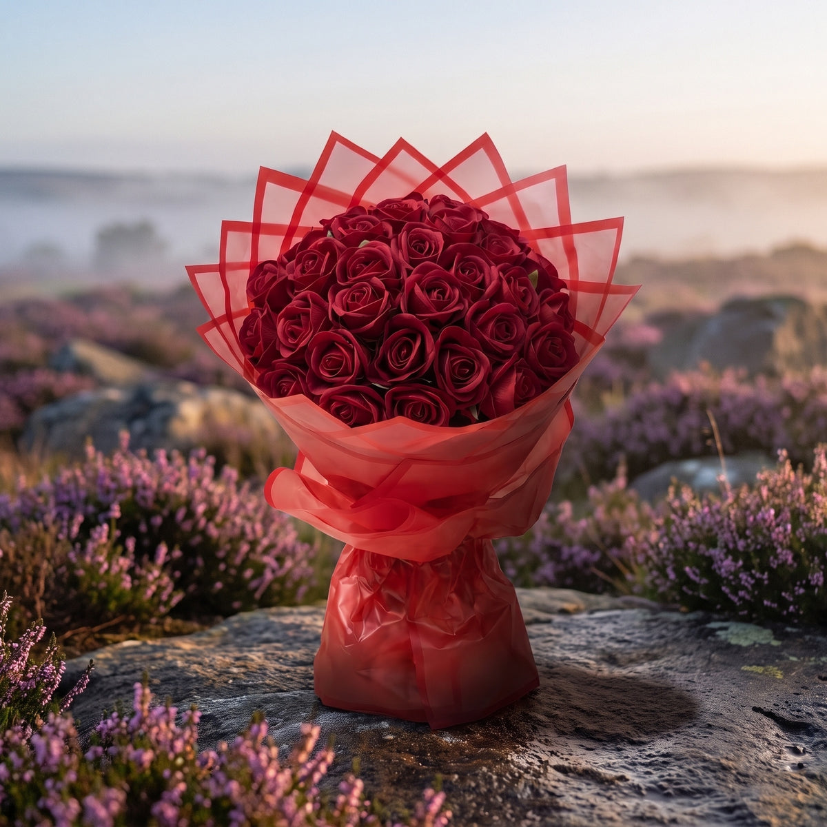 Bouquet Amour éternel, en situation, posé dans un décor naturel