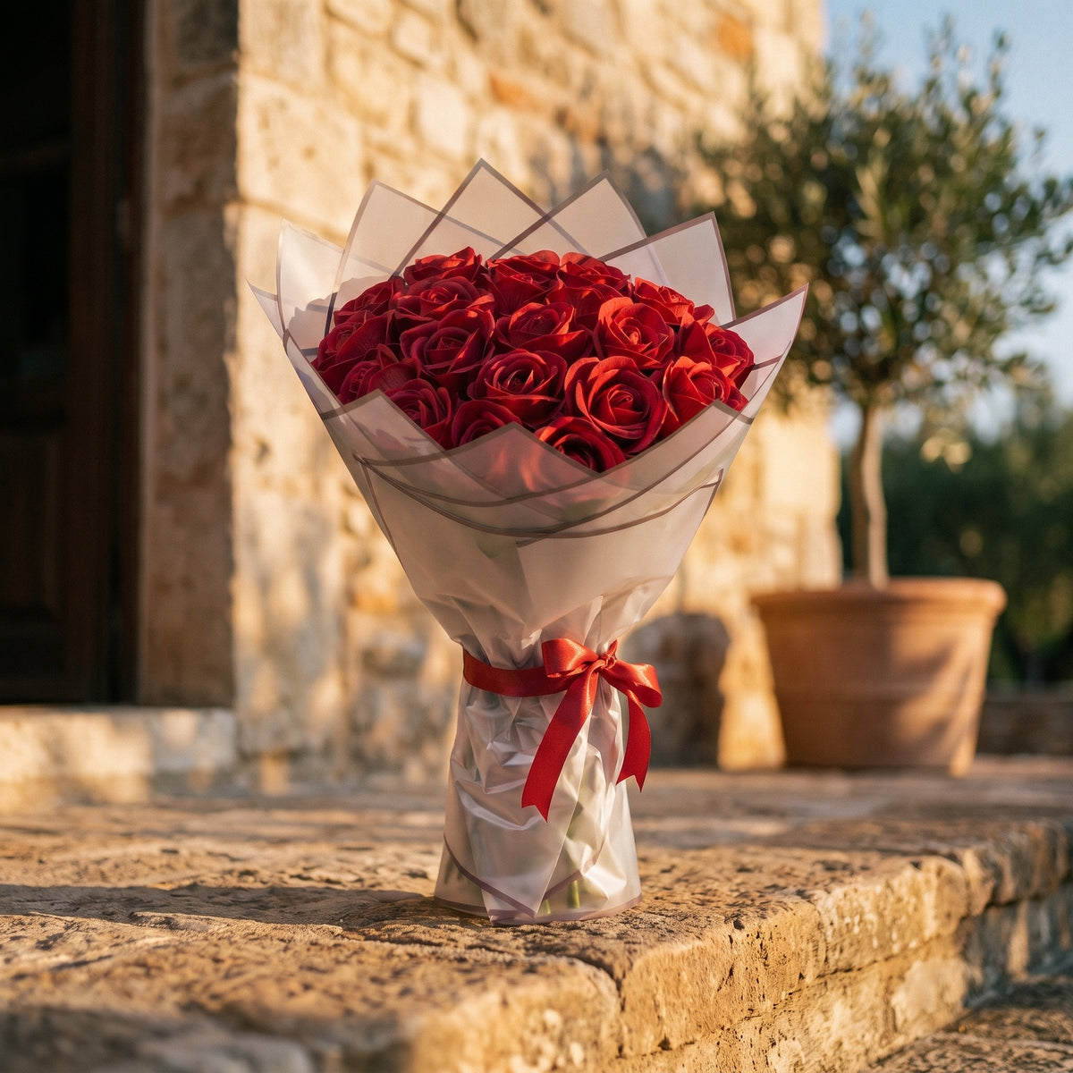 Bouquet Évidence, en situation, posé dans un décor naturel