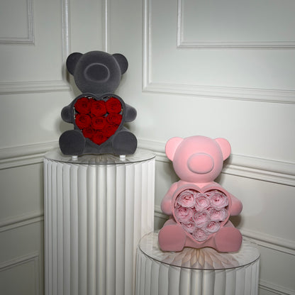 ourson roses eternelles gris coeur rouge cadeau original