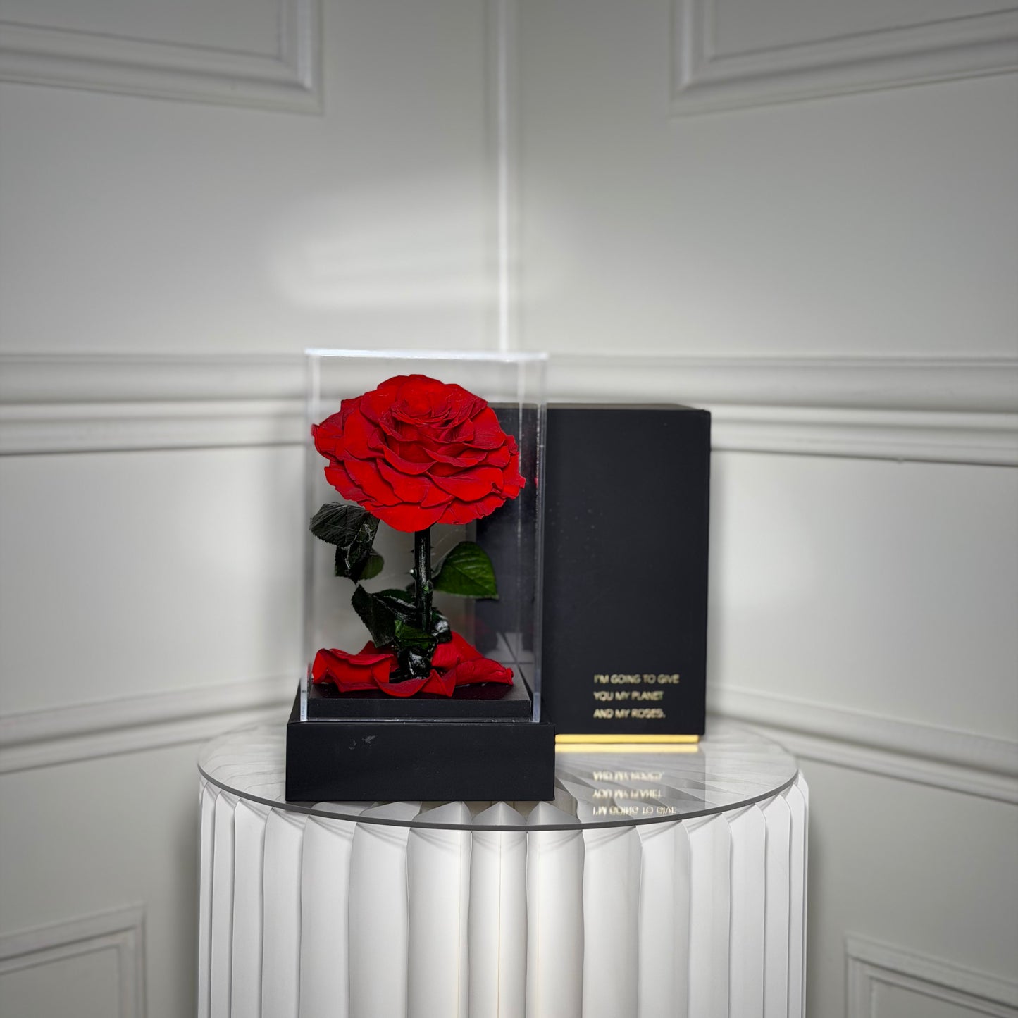 rose eternelle rouge dans coffret avec socle et boite luxe