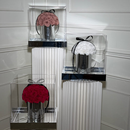 bouquet dome roses eternelles rose coffret transparent luxe