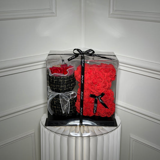 teddy roses avec bouquet fleurs artificielles boite transparente
