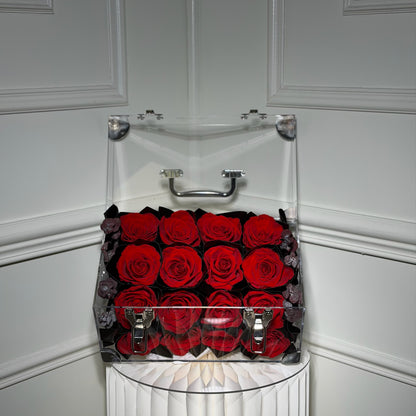 valise fleurs eternelles ouverte roses rouges