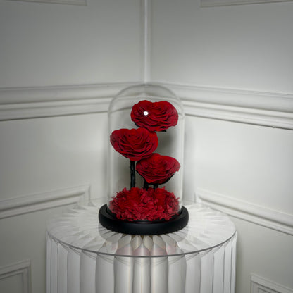 cloche rose eternelle rouge modele coeur sous verre