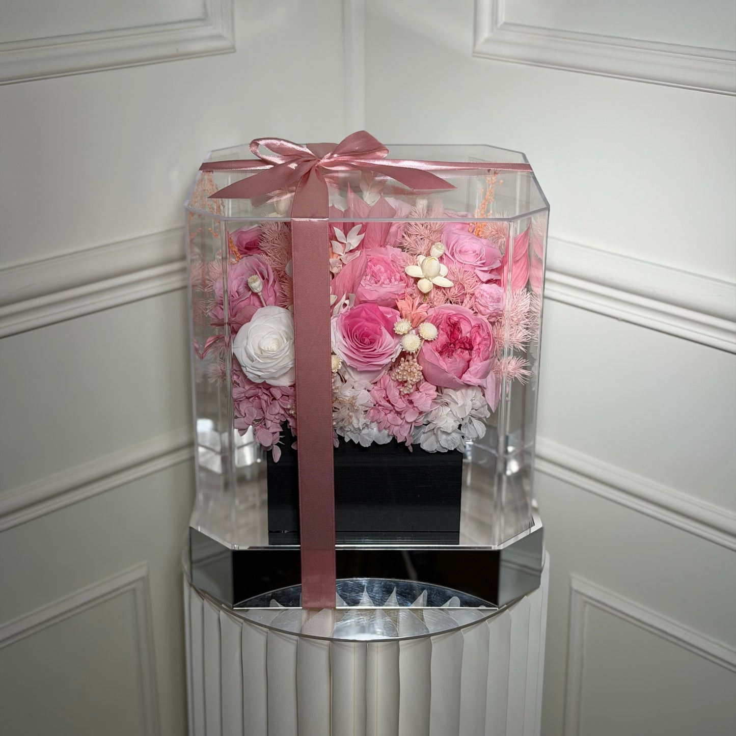 box rose eternelle rose pastel avec ruban satin
