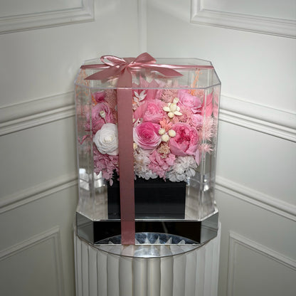 box rose eternelle rose pastel avec ruban satin