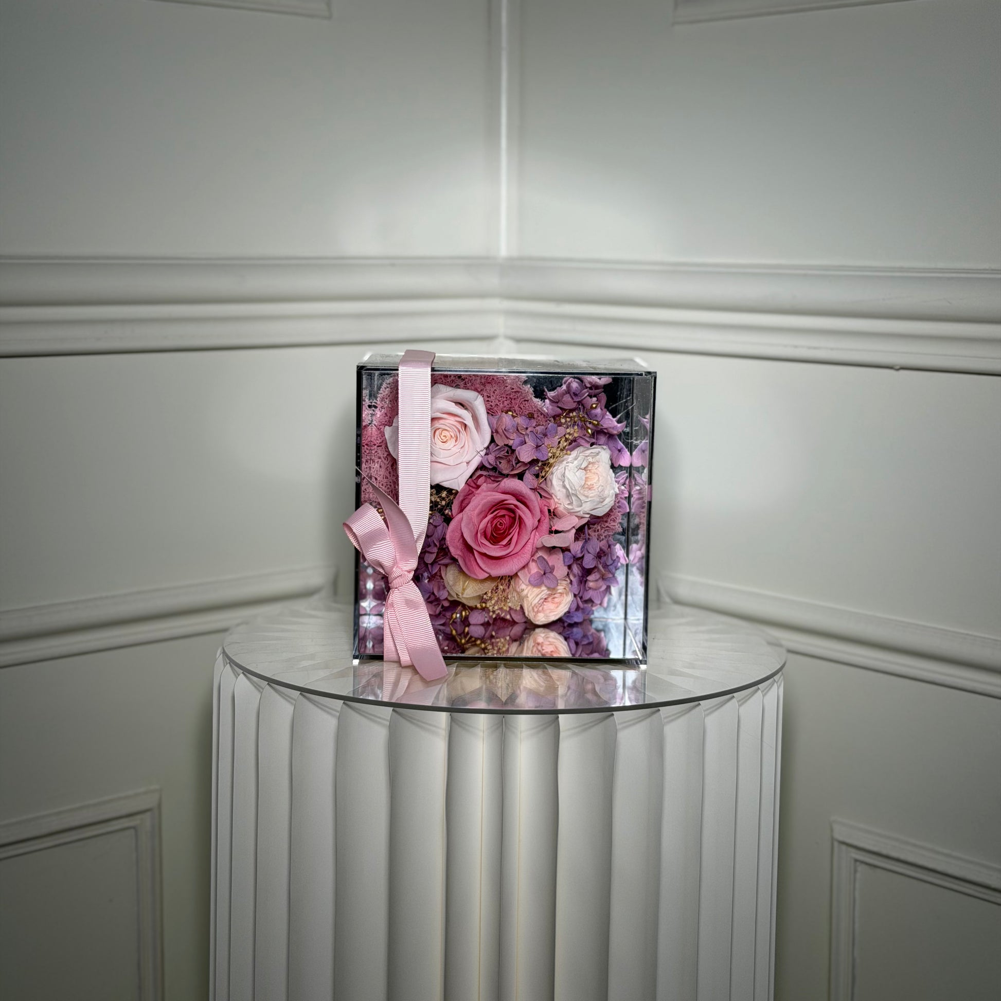 carré de roses éternelles rose pastel et violet cadeau romantique