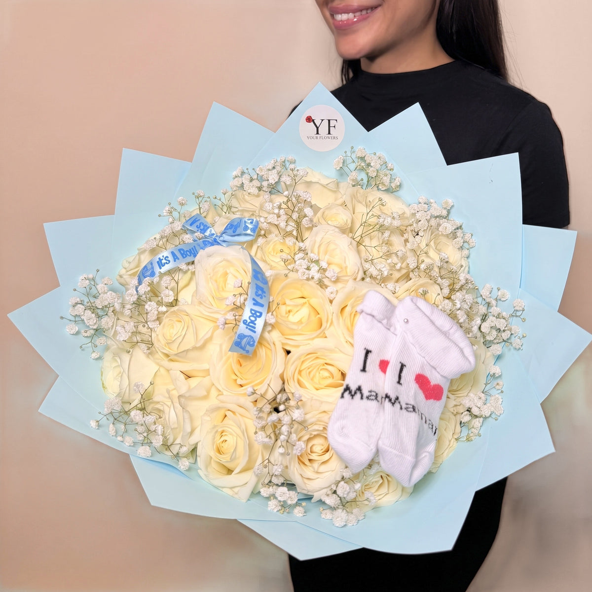 Bouquet Naissance Baby Blue, vu de trois quarts