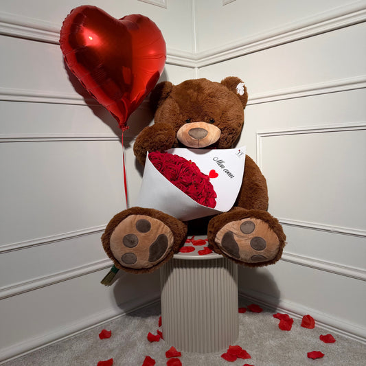Pack Love Forever avec nounours géant marron 1 mètre et bouquet de fleurs artificielles – Your Flowers