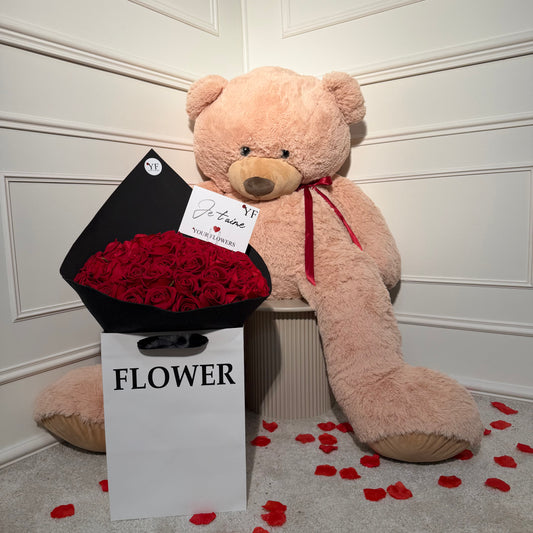 Pack Love Forever XXL avec nounours géant marron 1m30 et bouquet de roses artificielles premium – Your Flowers
