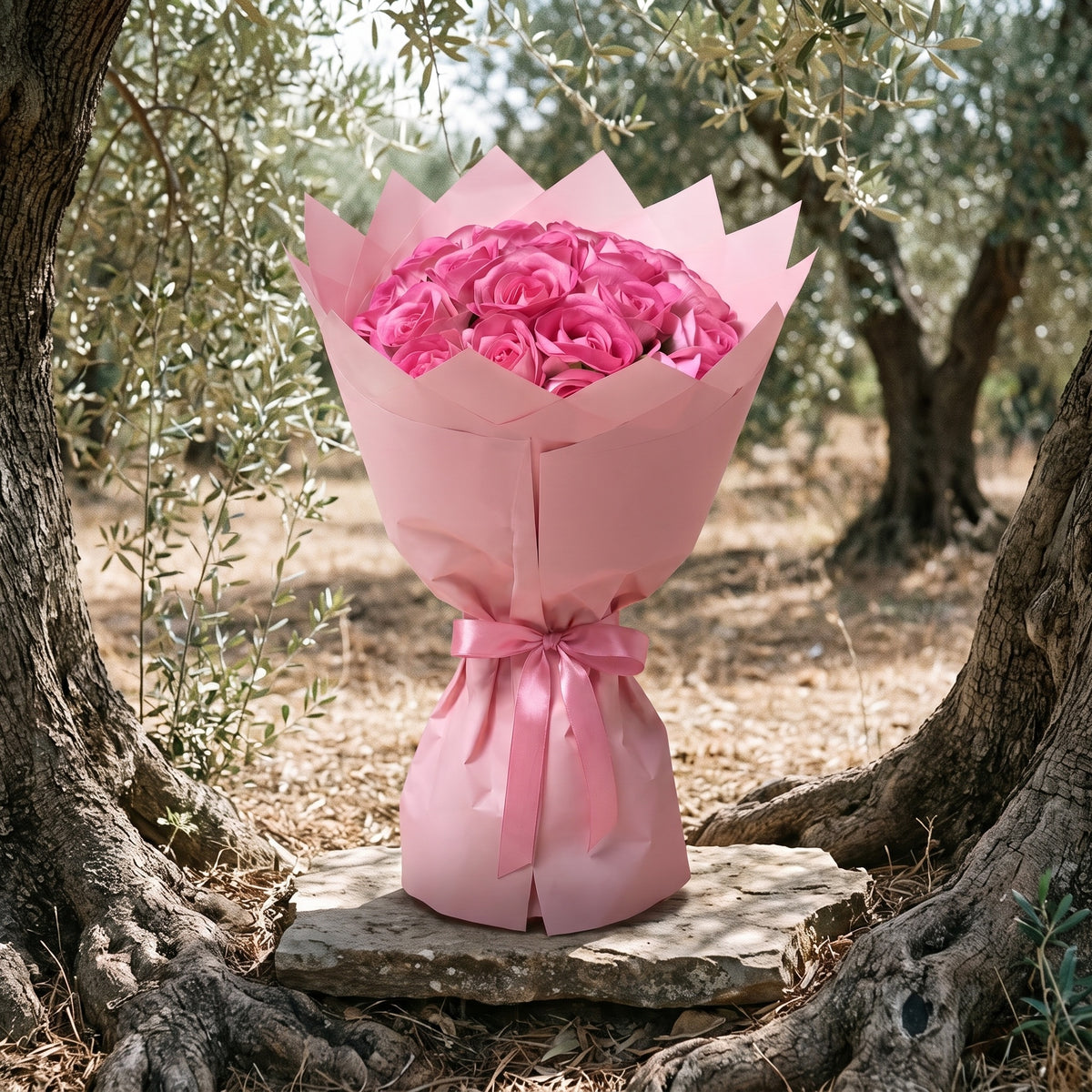 Bouquet Pink Bloom, en situation, posé dans un décor naturel
