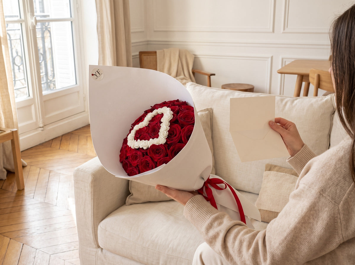 Une femme lit sa carte en tenant un bouquet de roses rouges au cœur de roses blanches, dans son salon