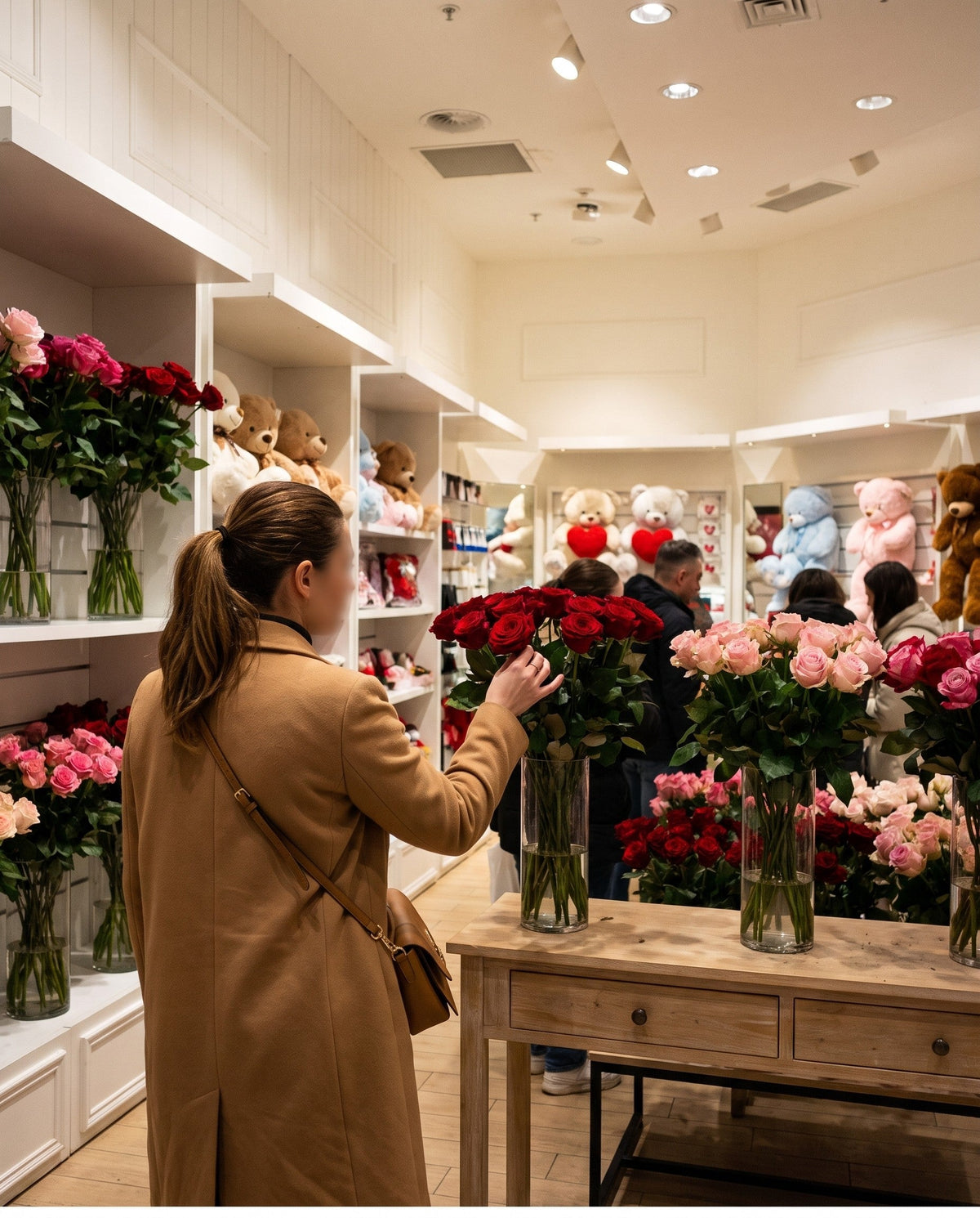 Une cliente effleure les roses rouges dans une boutique Your Flowers, parmi les nounours et les vases de roses
