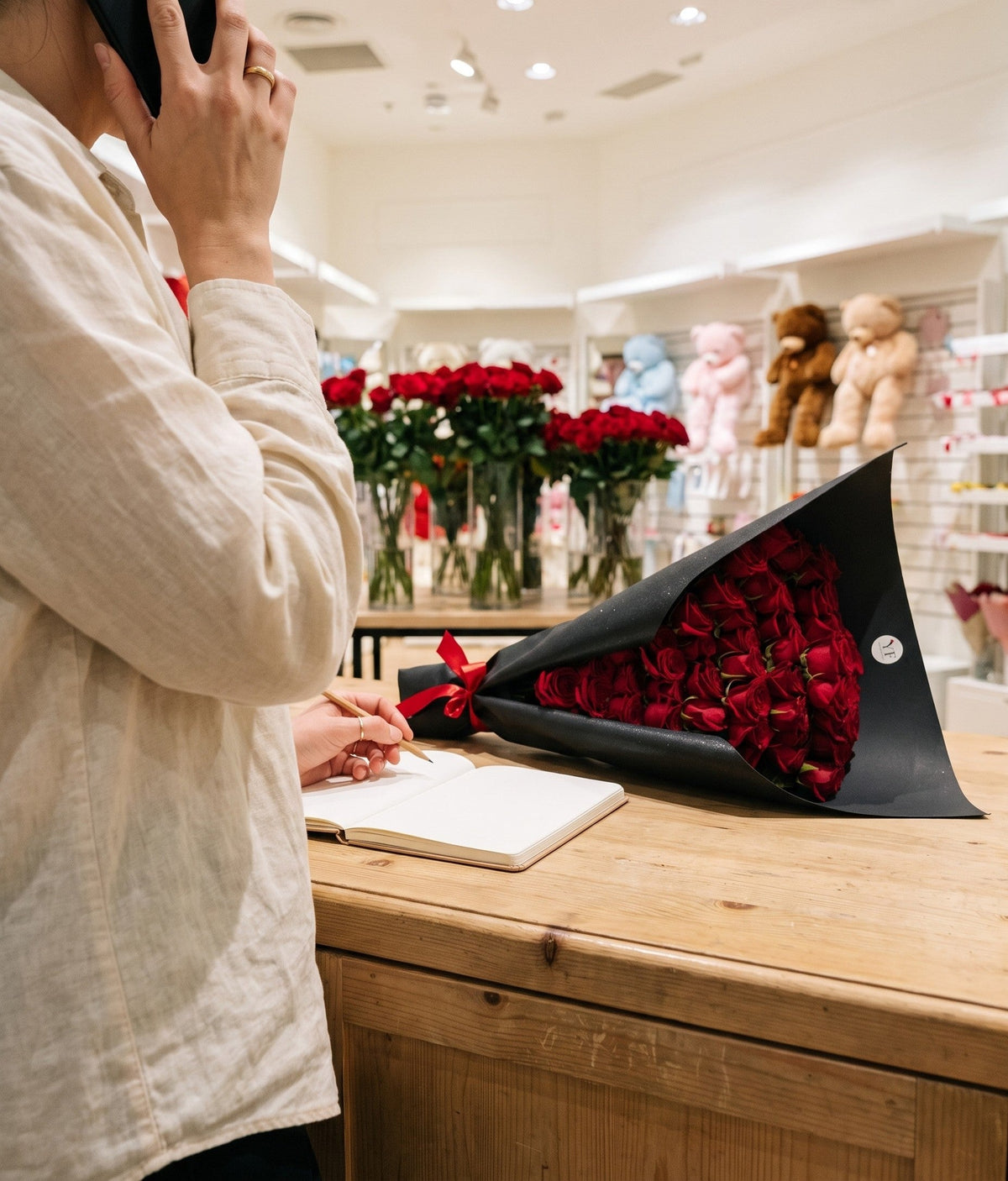 Notre fleuriste répond au téléphone derrière la console de la boutique, à côté d'un bouquet de roses rouges