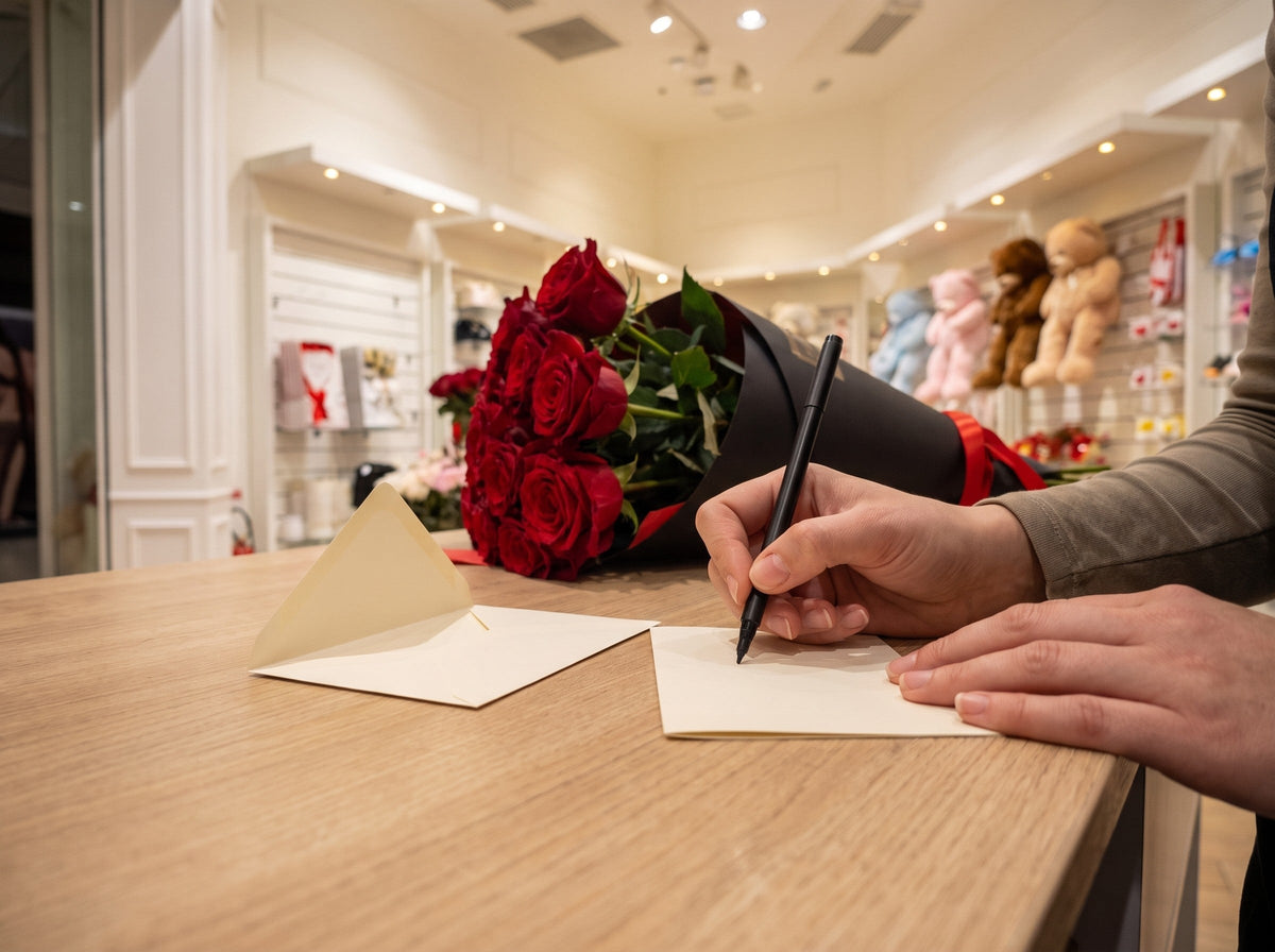 Notre fleuriste écrit à la main la carte offerte, à côté d'un bouquet de roses rouges
