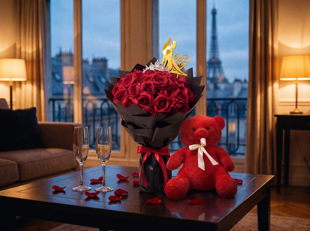 Un bouquet de roses rouges artificielles avec le pic Mr et Mrs, un nounours rouge et deux flûtes, pour une demande en mariage